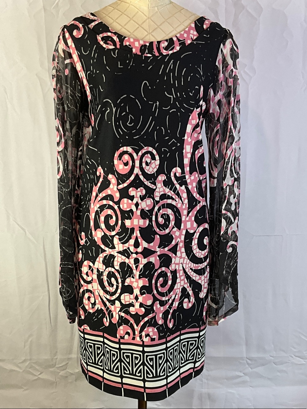 Analili Large Black and Pink Sheer Silk Long-Sleeve Printed Midi Dress